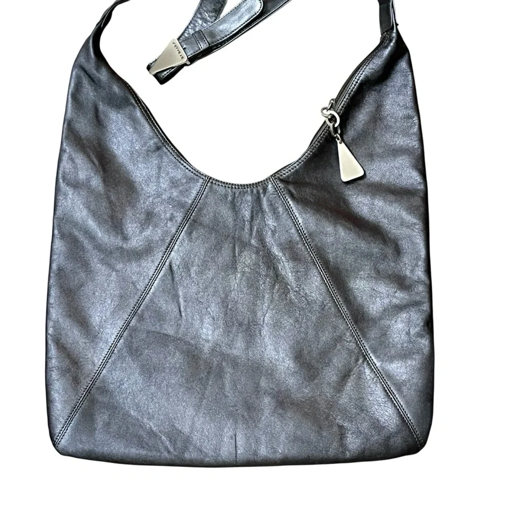 Sharif Leather Hobo Crossbody Bag Pewter Gray Metallic Slouch Shoulder Purse
